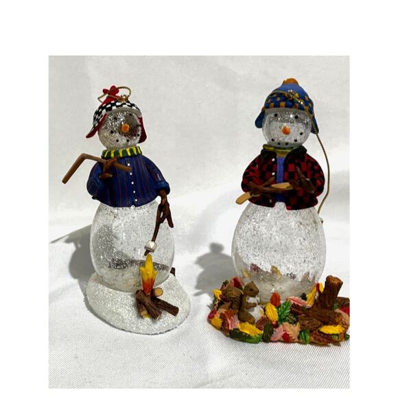 Princess House Glass Snowmen Set wood chopping fall leaves Christmas ornaments - Picture 2 of 7